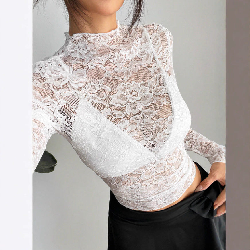 Women's Autumn Long Sleeve Rose Jacquard Sexy Tops