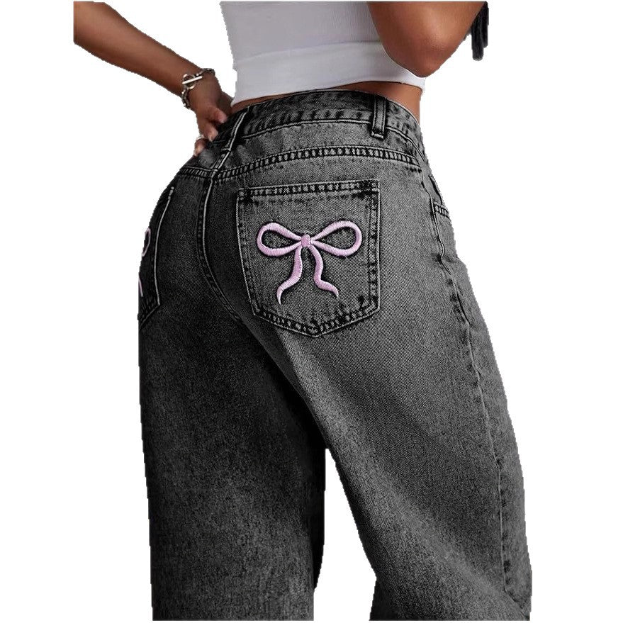 Women's Embroidered High Waist Straight Loose Trousers Women's Jeans
