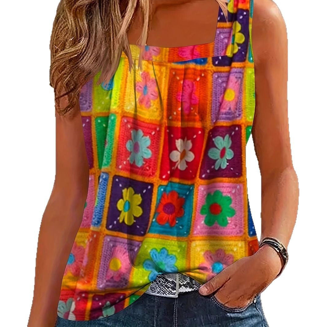 Contrast Color Colorful Printing Loose Casual Women's T-shirt