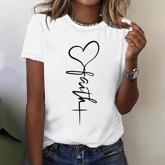 Women's Cute Printed Sleeve Elegant Heart Love Letter Pattern Round Neck Women's T-shirt
