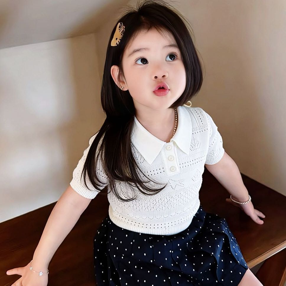 Children's Summer Ice Silk Short Sleeve Knitted Hollow Old Money Children's T-shirt