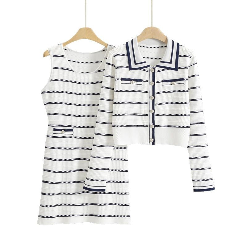 Women's Long Sleeve Striped Dress Two-piece Set Wool Fashion Casual Suit