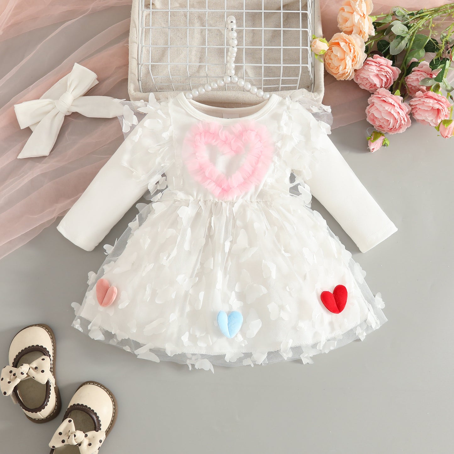 Knitted Fabric Butterfly Mesh Stitching Solid Color Long Sleeve Children's Dress