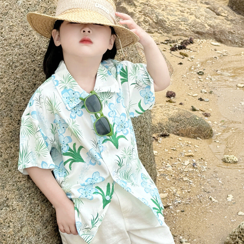 Children's Sleeve Shirt Suit Summer Flower Print Loose Design Niche Medium Parent-child Outfit