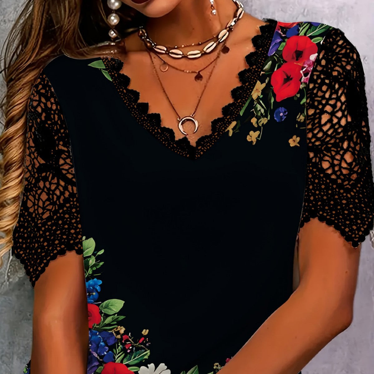 Women's Lace Stitching Fashion Printing Sleeve Female Tops