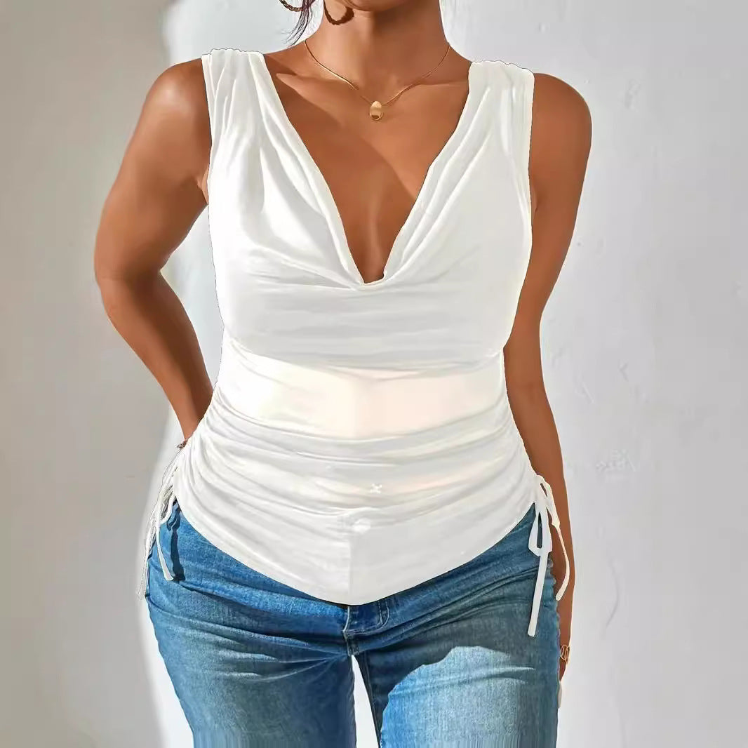 Fashionable Sexy Pile Collar Deep V Solid Color Drawstring Small Vest/suspenders/tube Top