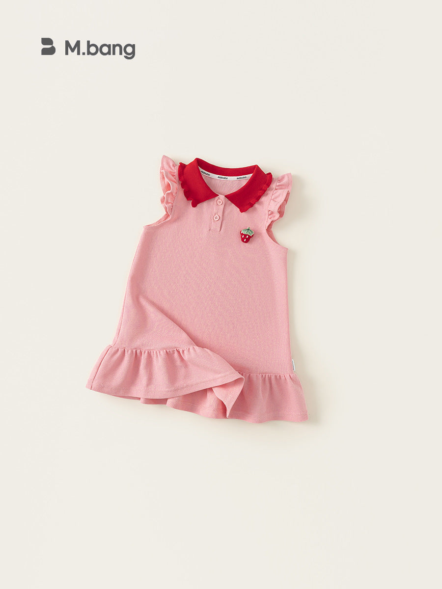 Summer Contrast Color Lapels Vest Strawberry Lace Sleeve Children's Dress