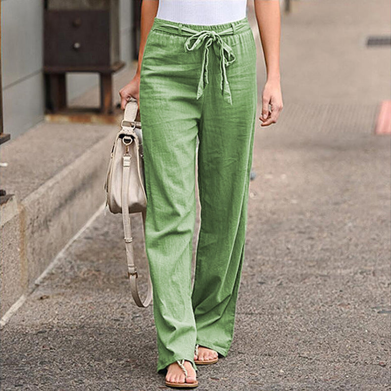 Women's Summer Elastic Waist Solid Color Cotton Linen Belt Wide Pants