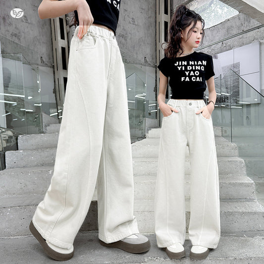 Children's Cotton Summer Medium Large White Narrow Leather Tag Stitching Children's Pants