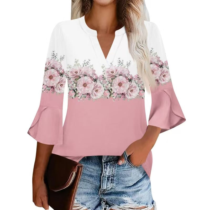 Women's Shirt Petal Sleeve Fashion Printed Loose Blouse