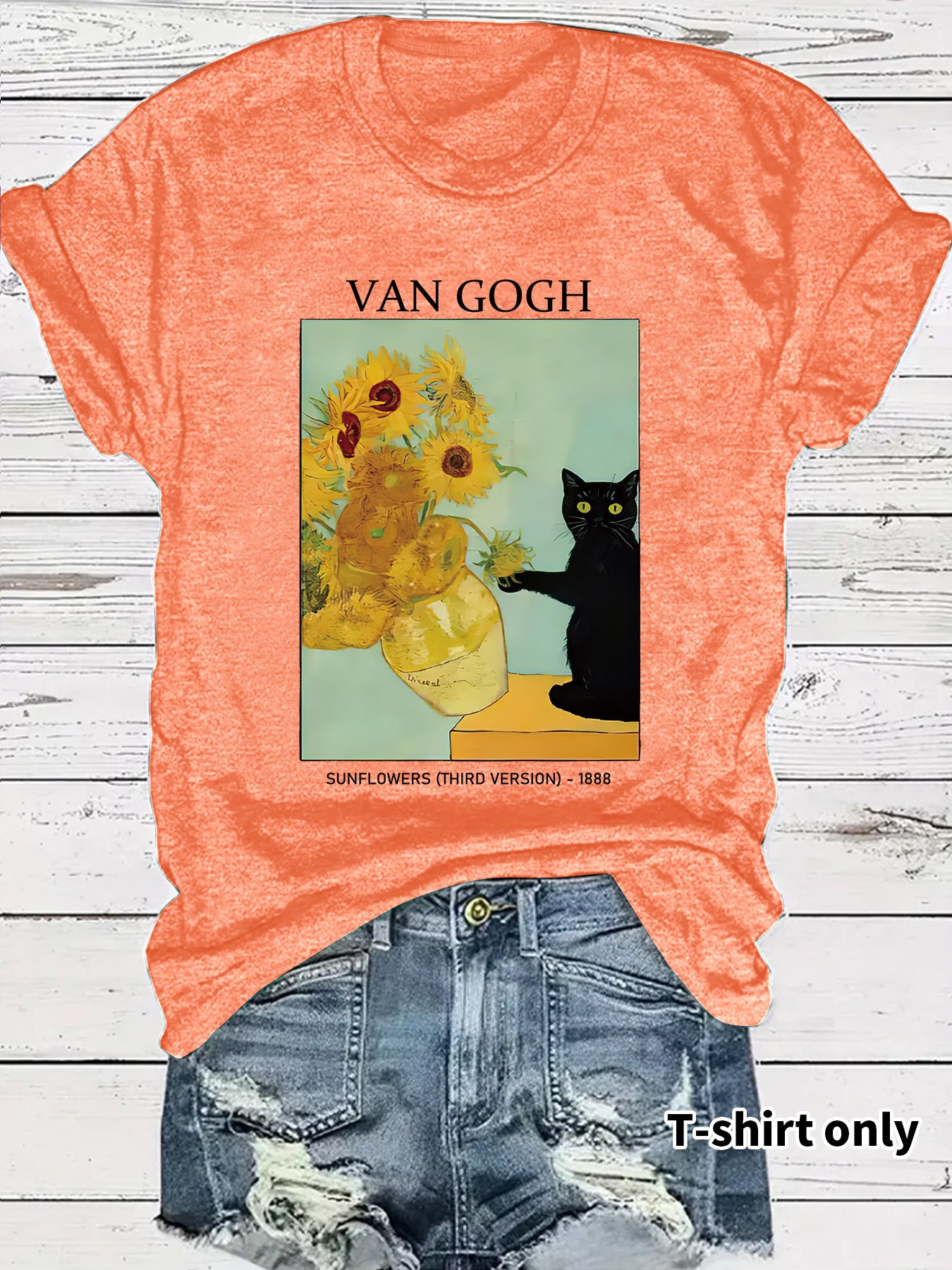 Women's Van Gogh Sunflower Cat Art Print Loose Casual Round Neck Women's T-shirt