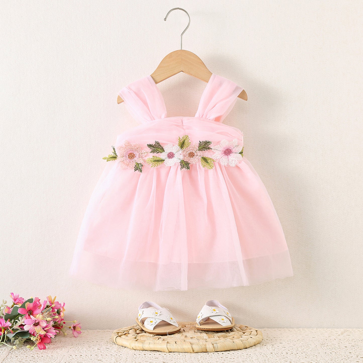 Children's Clothing Mesh Strap Waist Flower Princess Beautiful Children's Dress