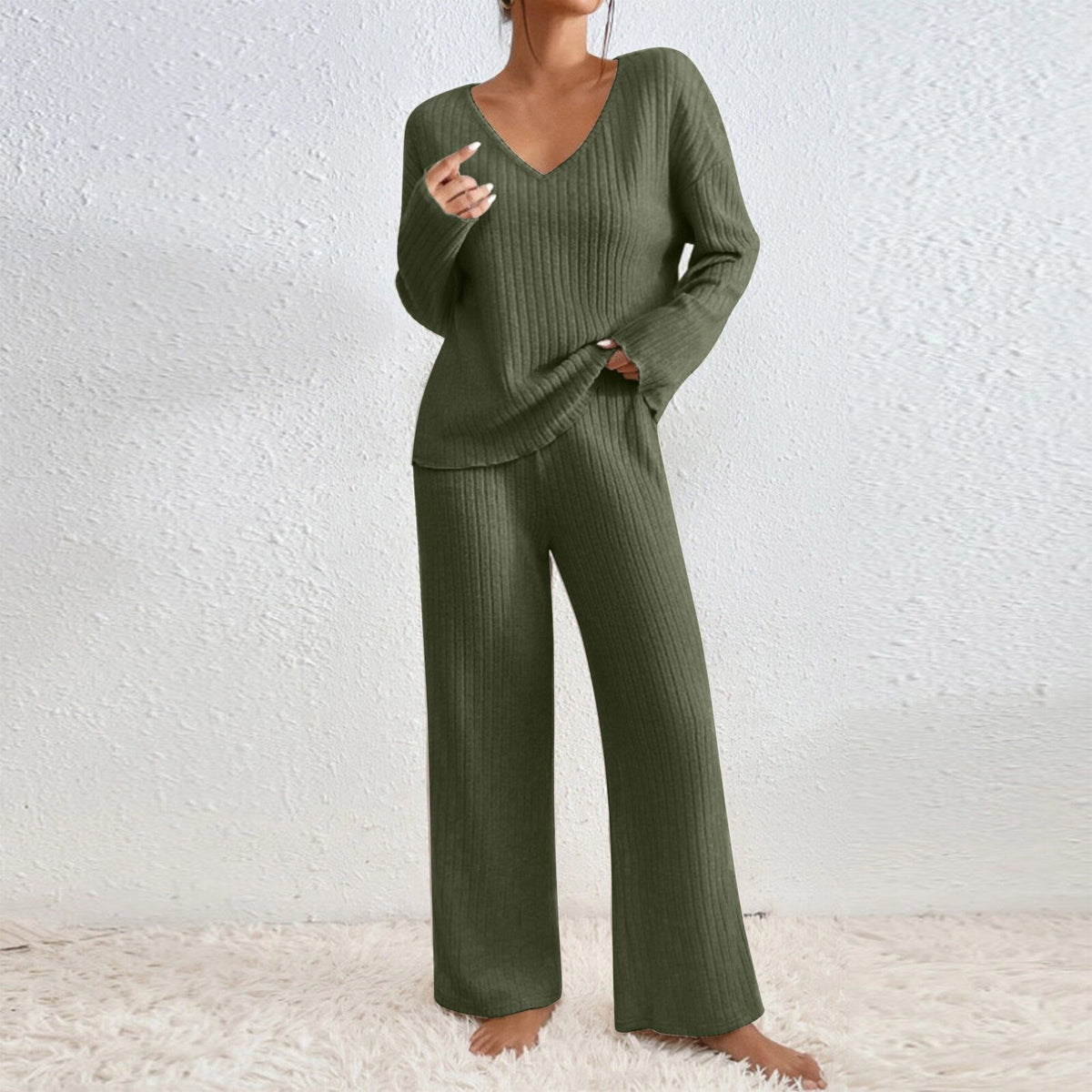 Women's Collar Loose Sunken Stripe Brushed Long Fashion Casual Suit