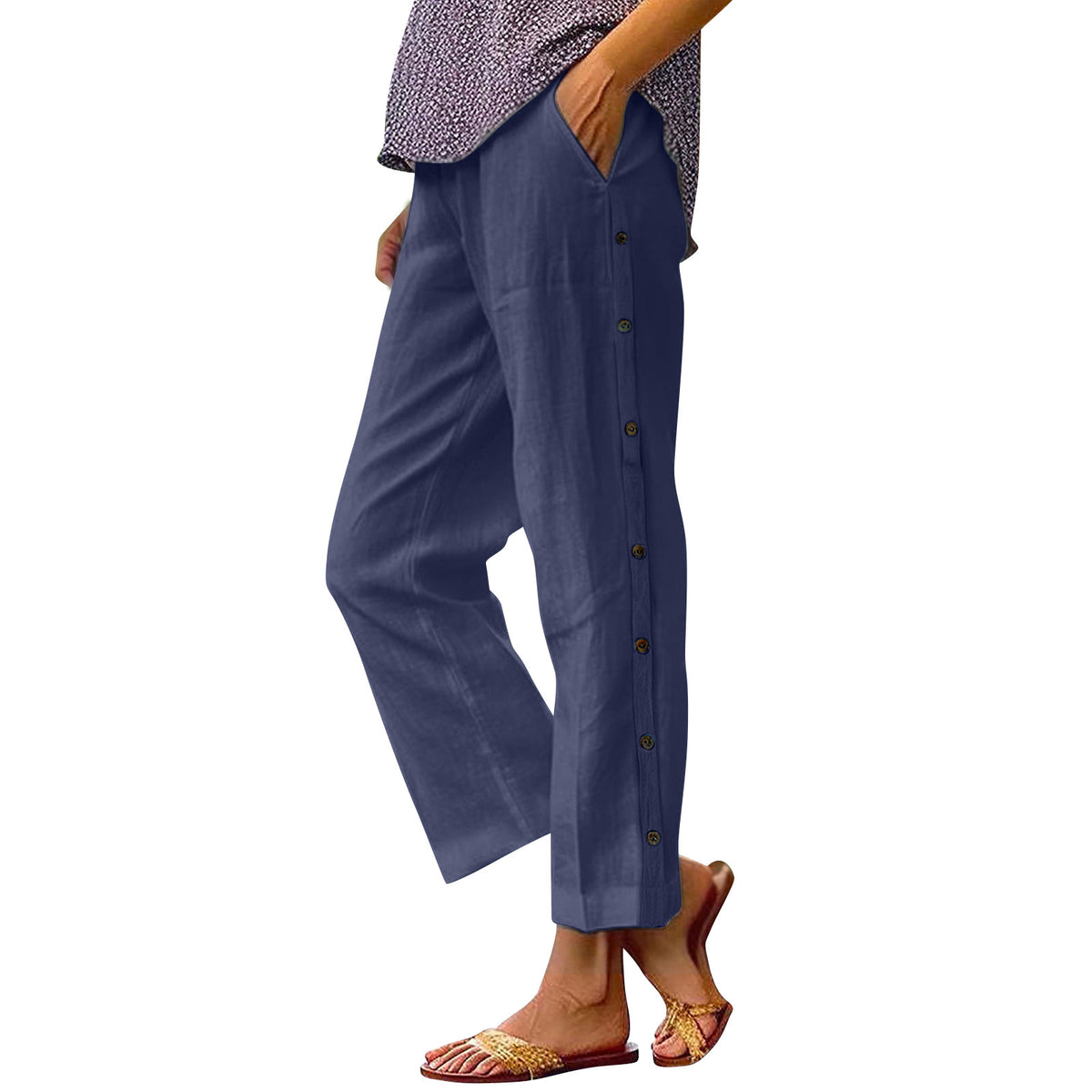 Holiday Slim Looking Cotton Linen Breathable Cropped Featured Fastener Casual Pants