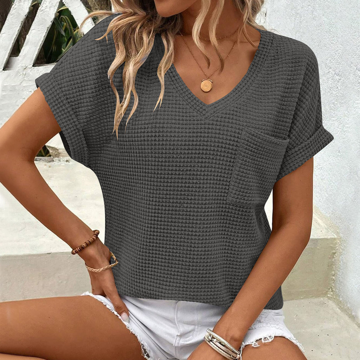Women's Collar Summer Waffle Pocket Sleeve Women's T-shirt
