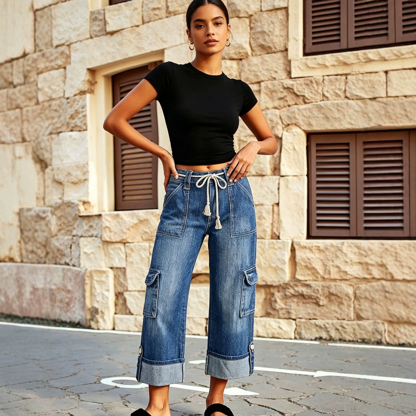 Women's Drawstring Waist Cropped Retro Washed Curling Jeans