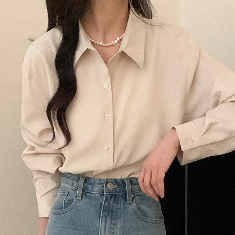 Women's Solid Color French Shirt Korean Style Loose Slim Fit Blouse