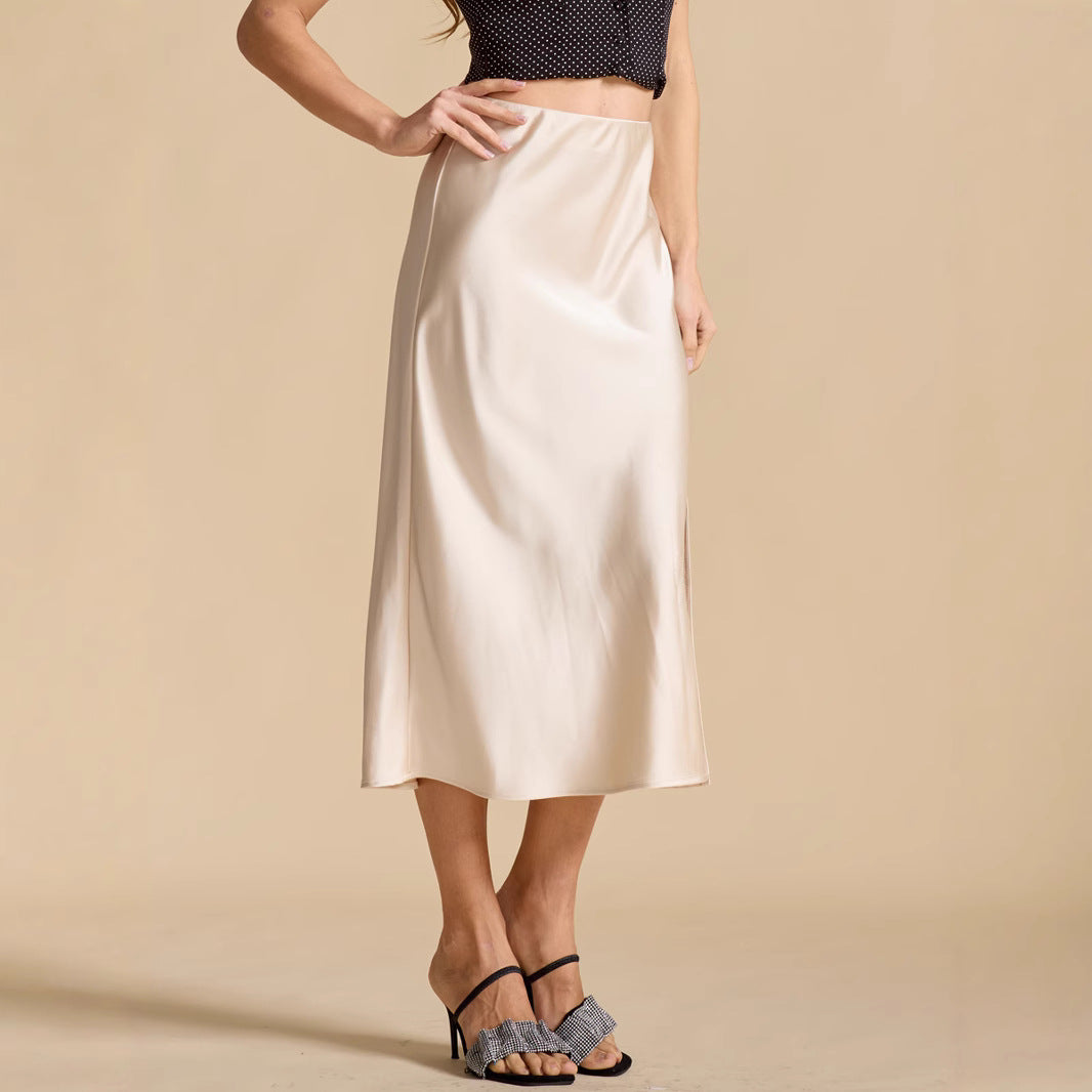 Women's Satin High Waist Elastic Oblique Slit Long Skirt