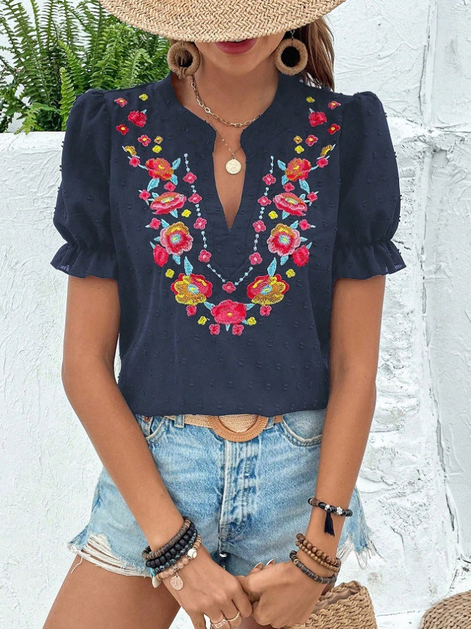 Attractive Women's Floral Embroidered Puff Sleeve Shorts