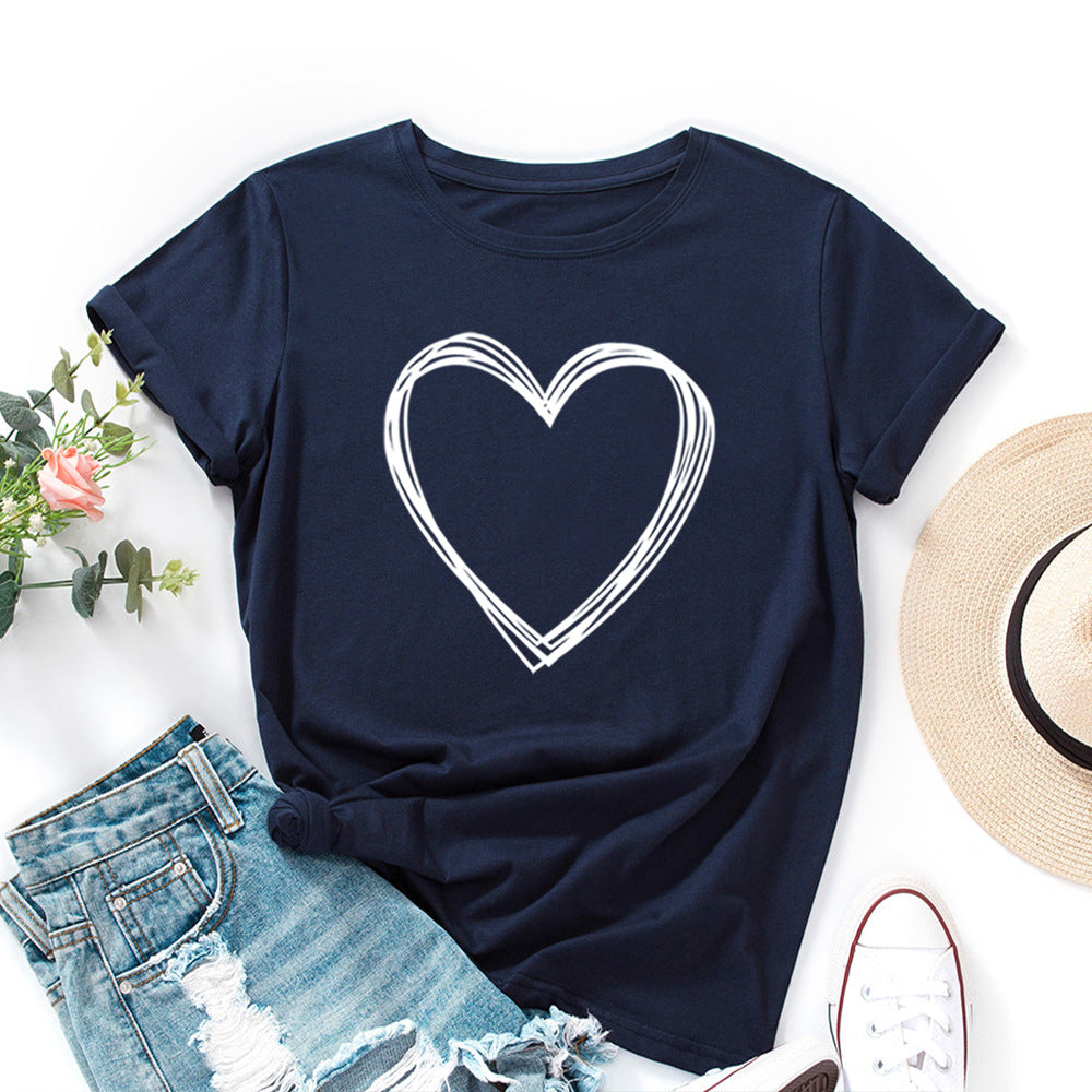 Women's Creative Heart Printed Loose Round Neck Women's T-shirt