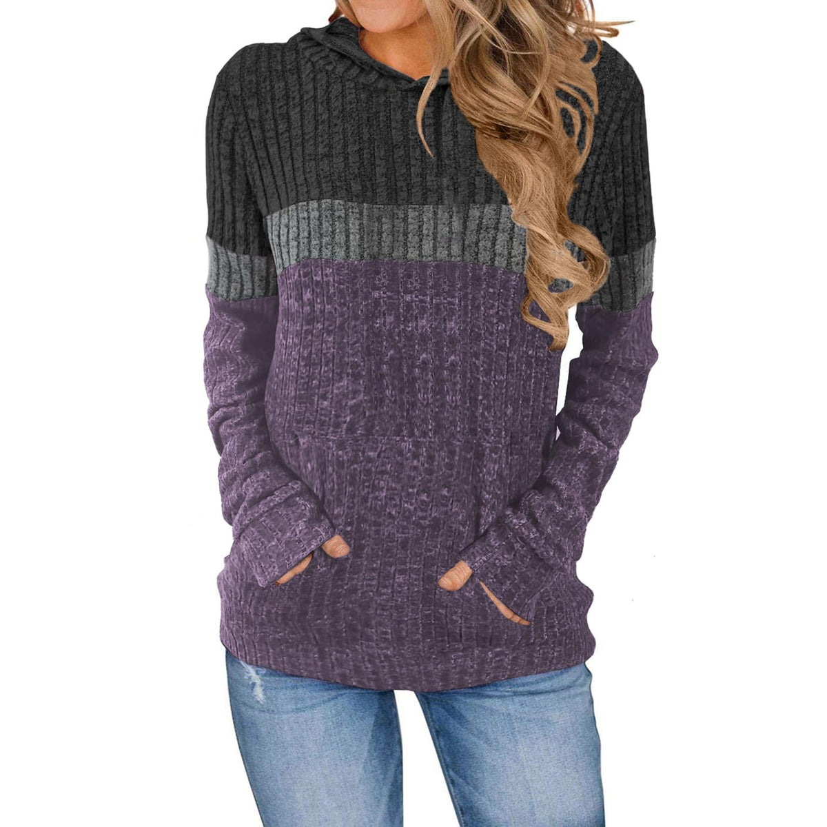 Women's Casual Contrast Color Pocket Stitching Hooded Large Size T-shirt