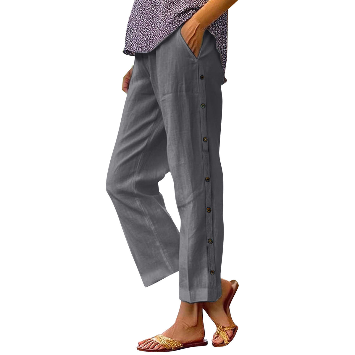 Holiday Slim Looking Cotton Linen Breathable Cropped Featured Fastener Casual Pants