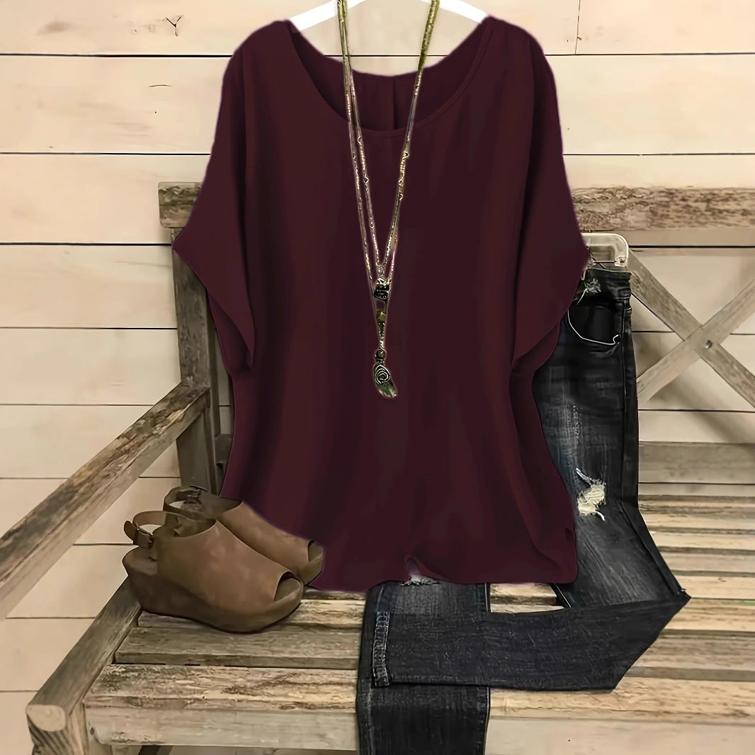 Women's Summer Retro Crew Neck Solid Color Cotton Linen Tops