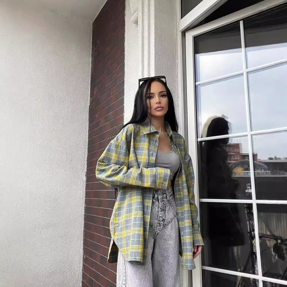 Women's Retro Easy Matching Lapel Loose Plaid Long-sleeved Blouse
