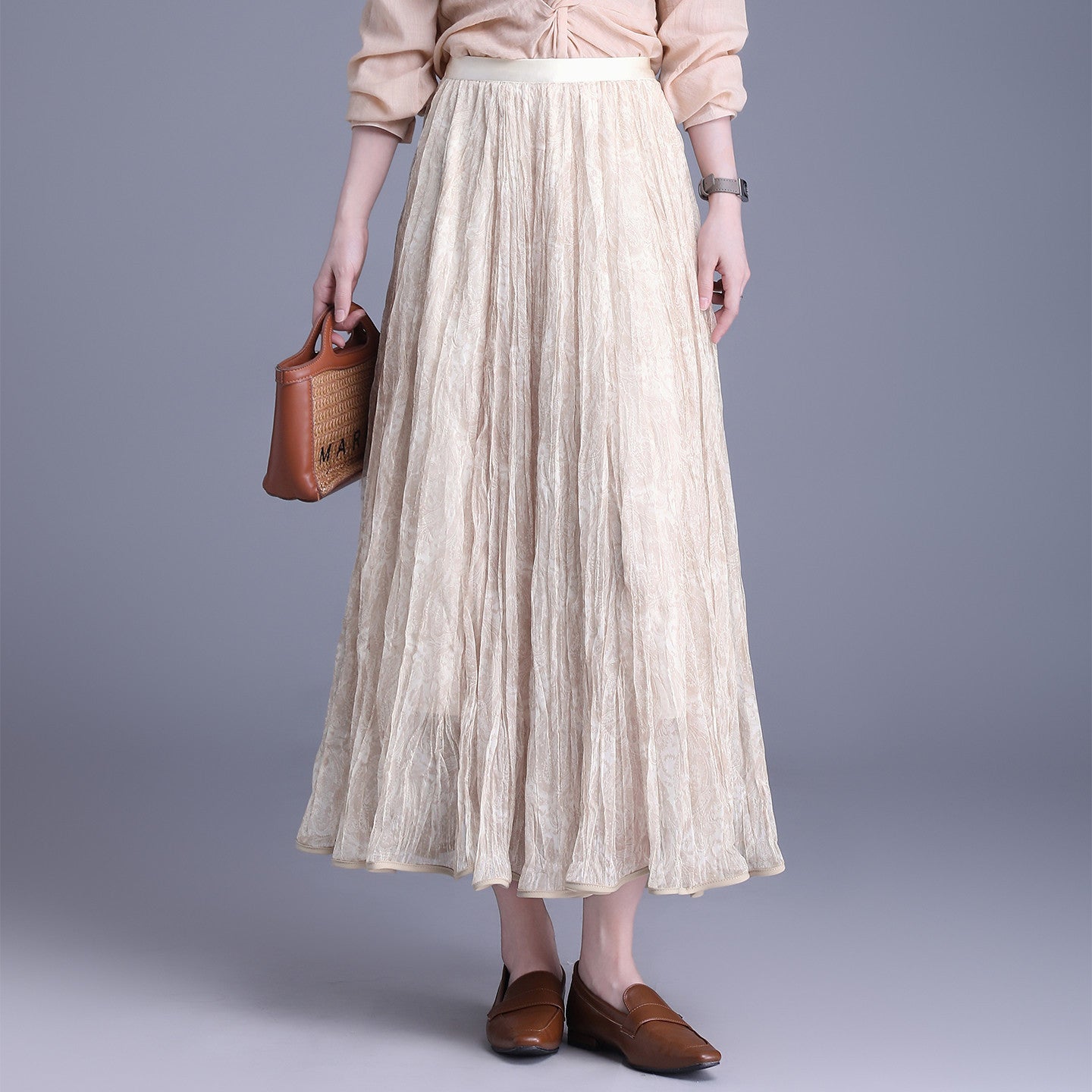 Purple Floral Pleated Autumn Slimming High Waist Crimp Skirt