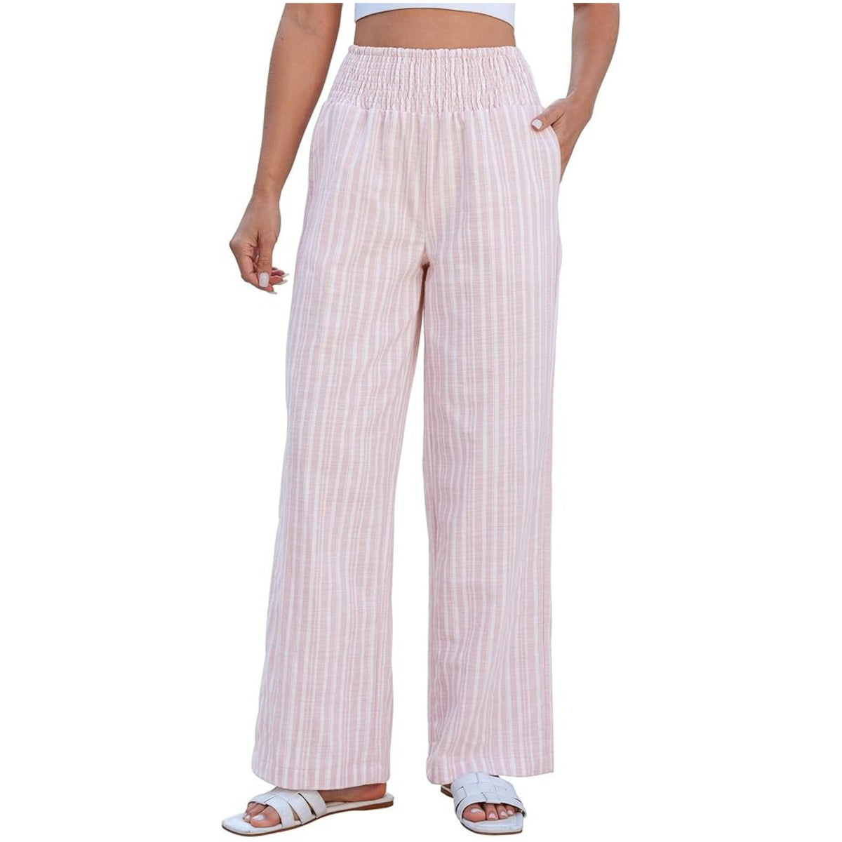 Women's Striped Loose Smocking High Waist Casual Pants