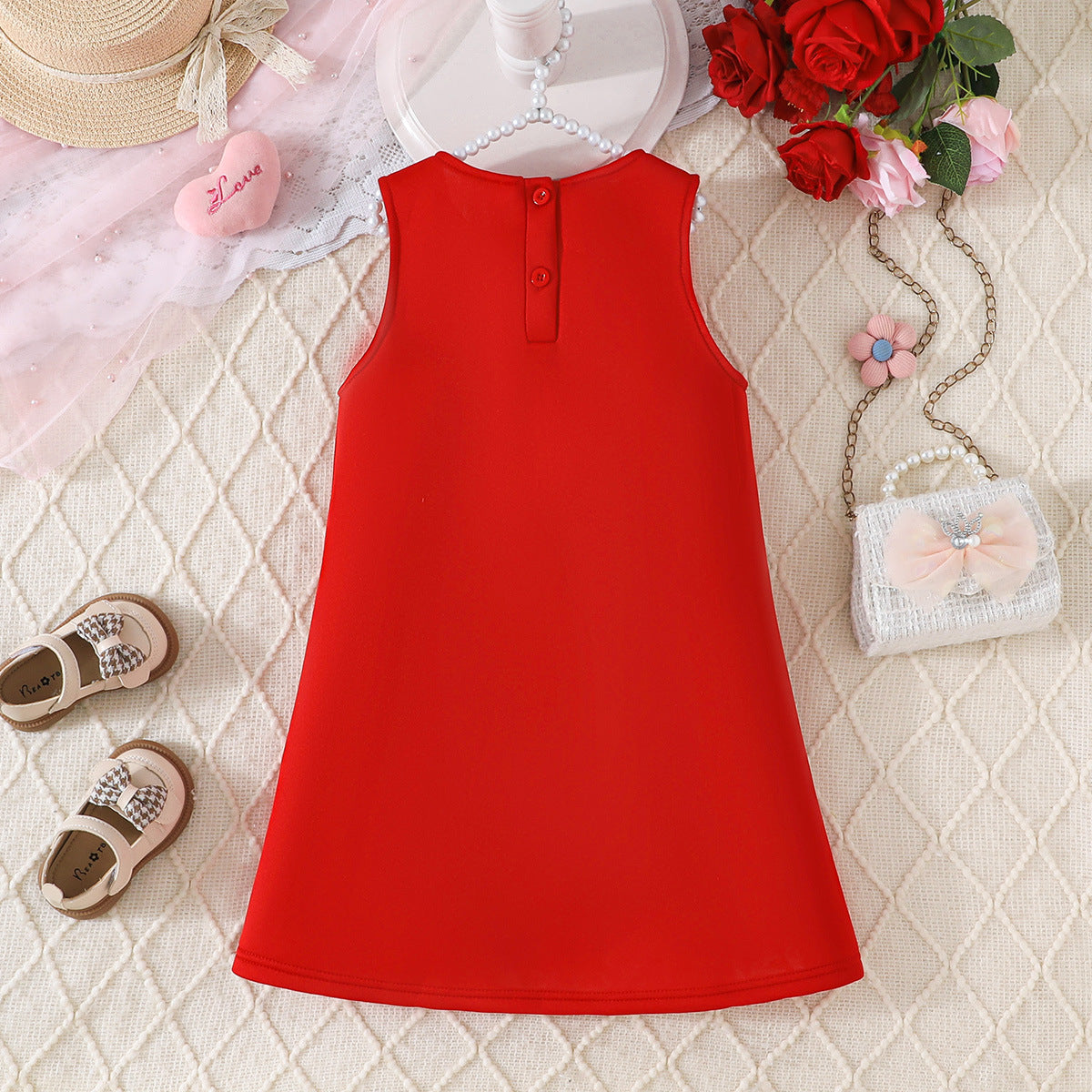 Light Luxury Three-dimensional Red White Flower Vest Children's Dress