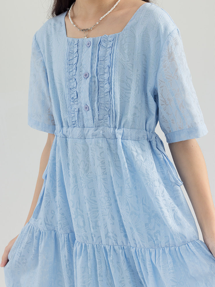 Large Summer French Square Collar Loose Artistic Mori Style Mid-length Children's Dress