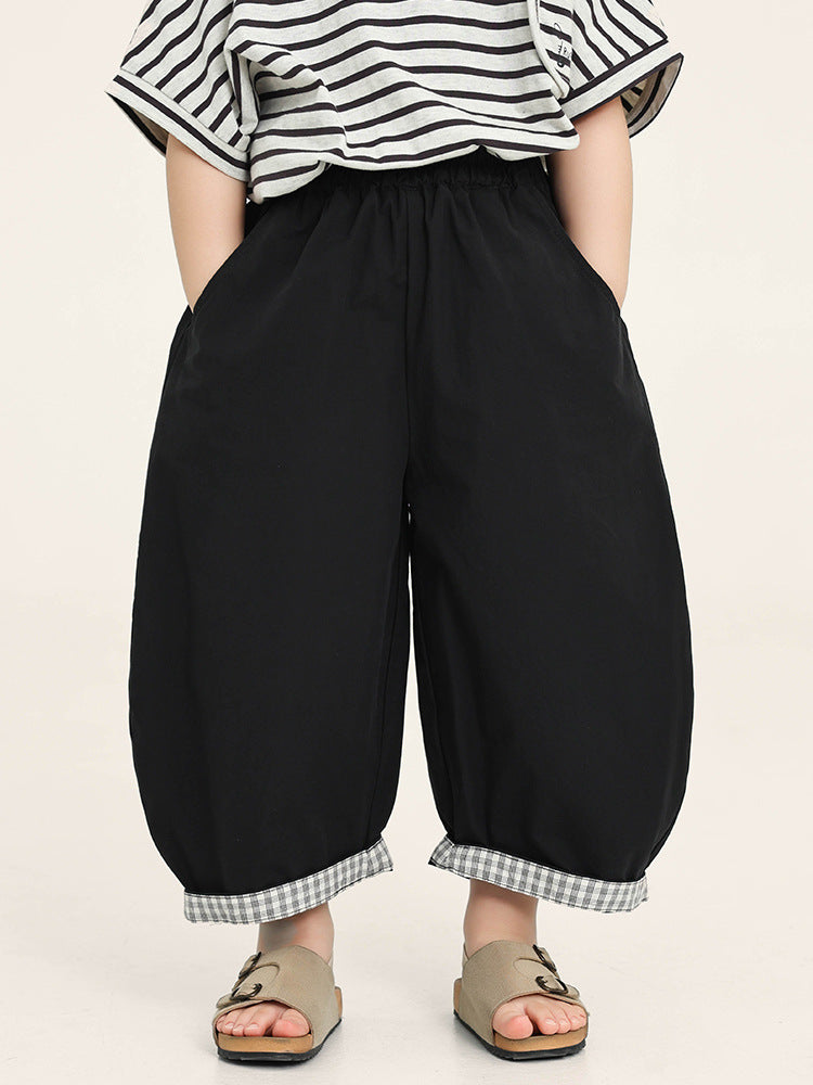 Children's Summer Korean Plaid Contrast Color Cropped Wide Children's Pants