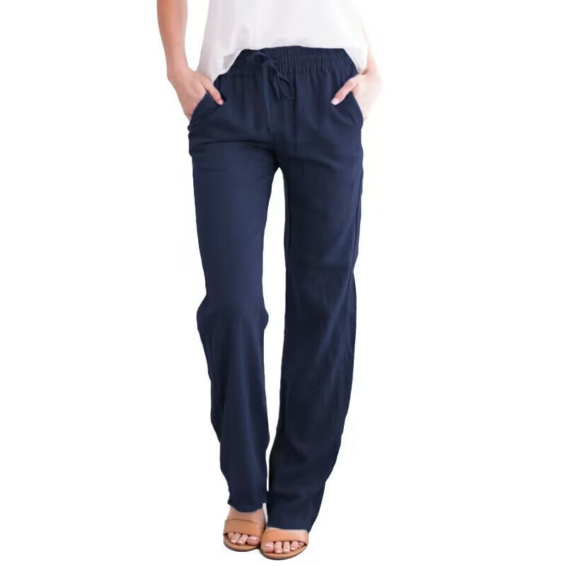 Women's Solid Color Cotton Linen Drawstring Loose Casual Pants
