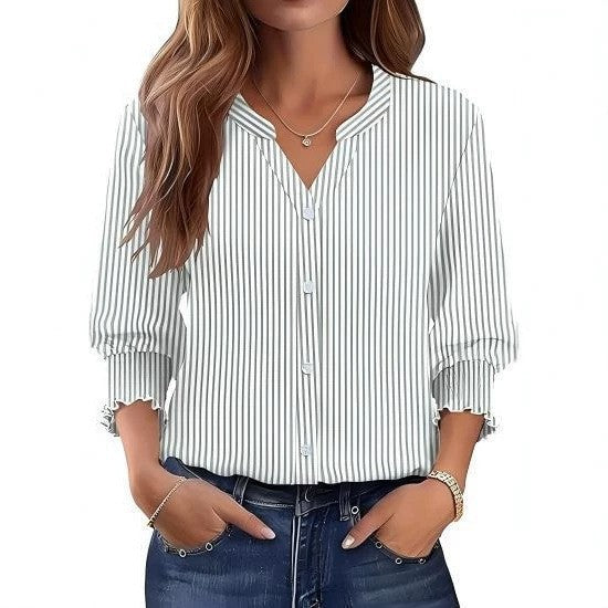 Women's Small Collar Single-breasted Ruffled Half Sleeve Slim Blouse
