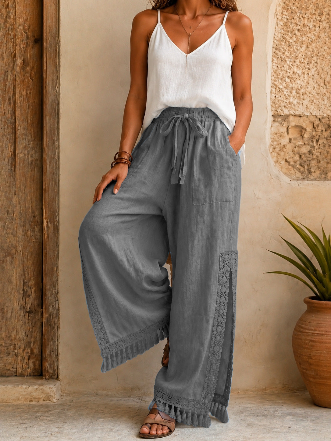 Women's Side Slit Lace Tassel Bohemian Vacation Style Pants