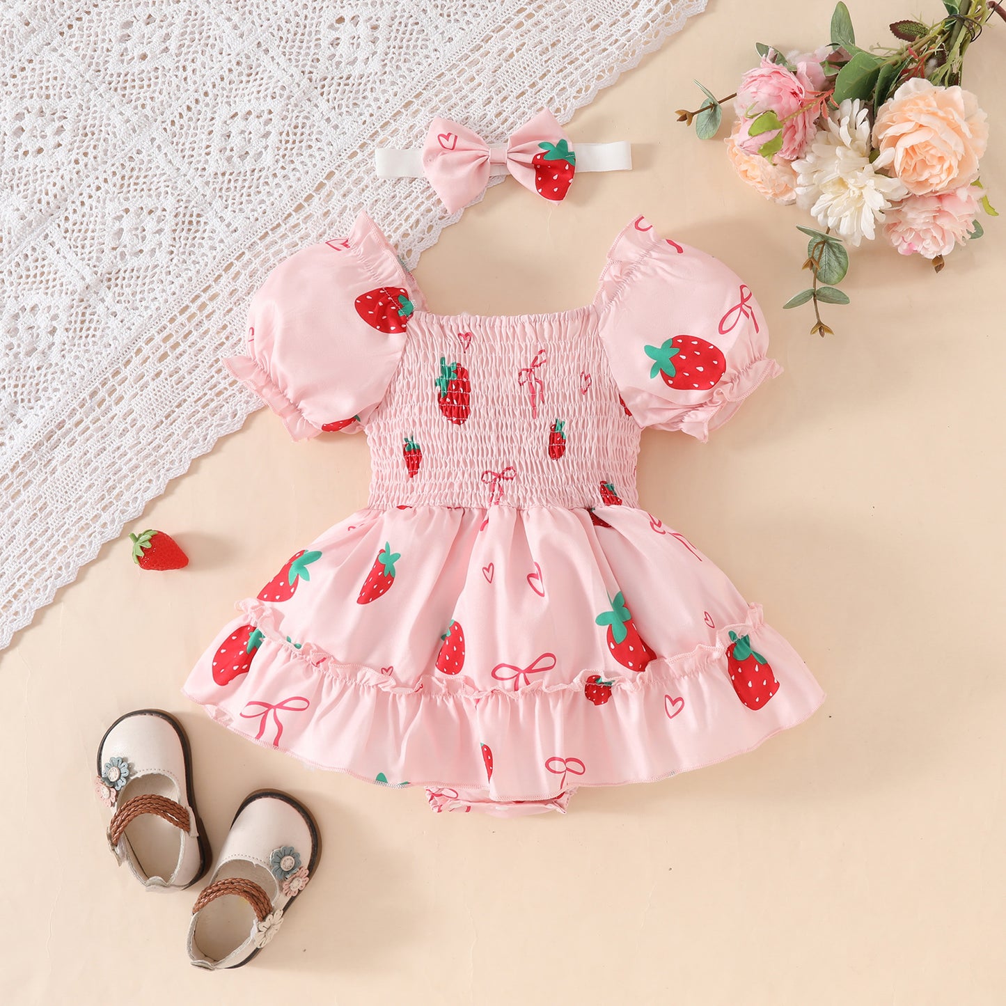Pink Smocking Craft Short Sleeve Triangle Gown Bow Printed Square Jumpsuit, Climbing Suit