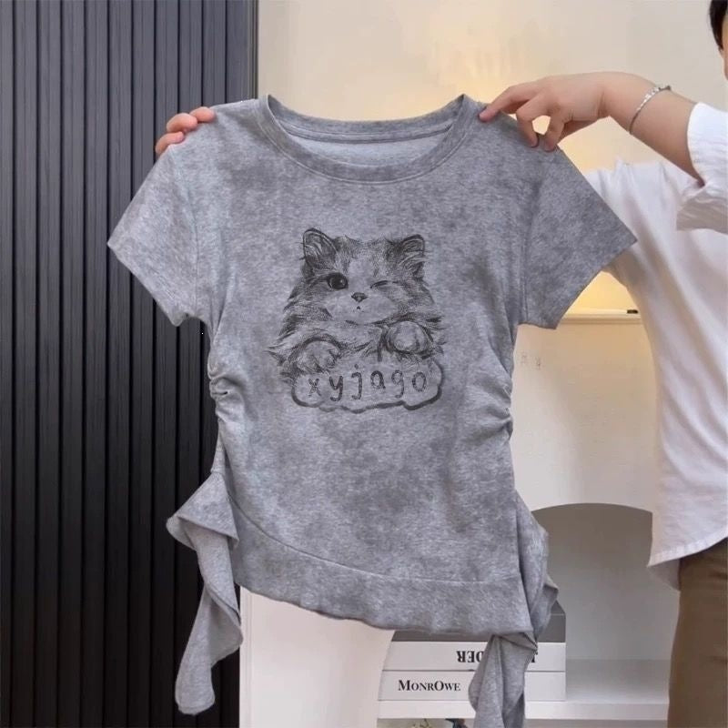 Middle Big Cat Printing Short-sleeved Summer Irregular Ruffle Top Children's T-shirt