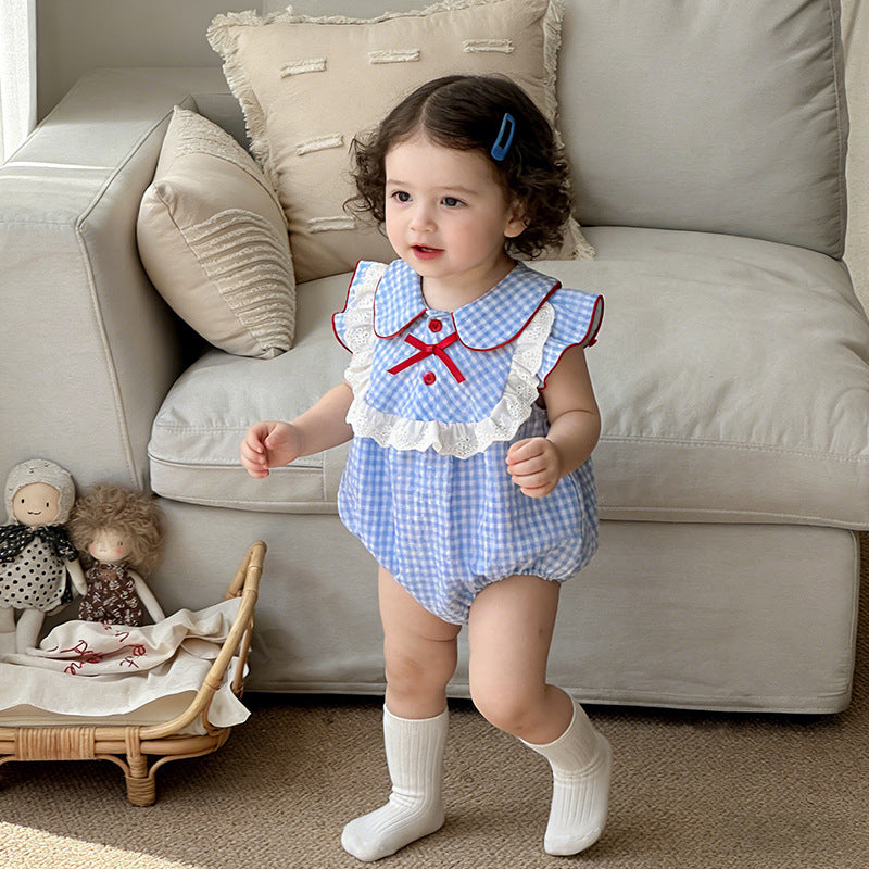 Summer Preppy Style Blue White Plaid Stitching Lace Flounced Jumpsuit, Climbing Suit