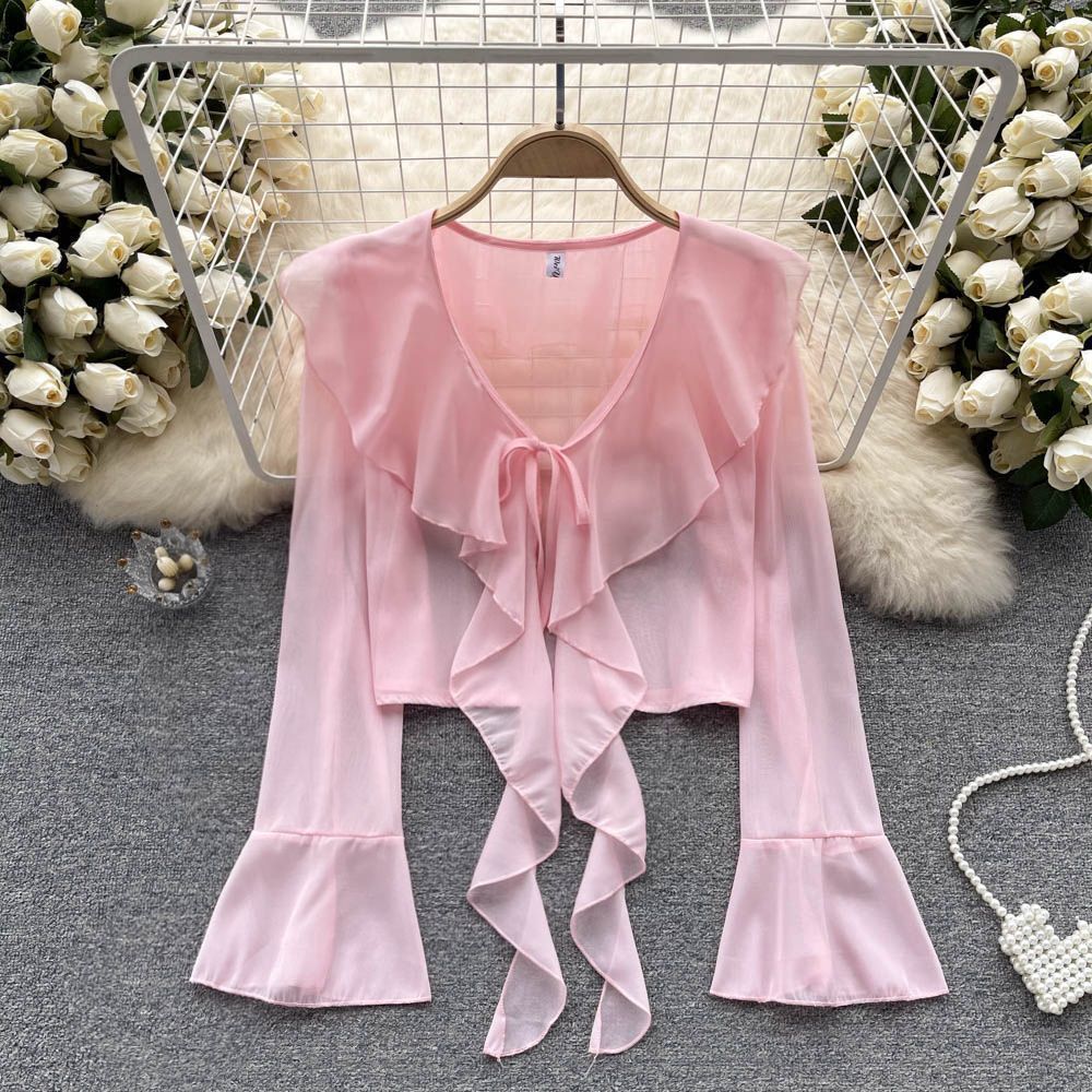 Women's Style Super Fairy Mesh Bow Strap Lace Shirt, Chiffon Shirt