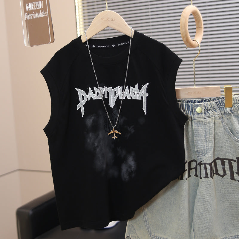 Children's Boy Summer Clothing Fashion Cowboy Sleeveless Vest Two-piece Set Loose Children's Suit