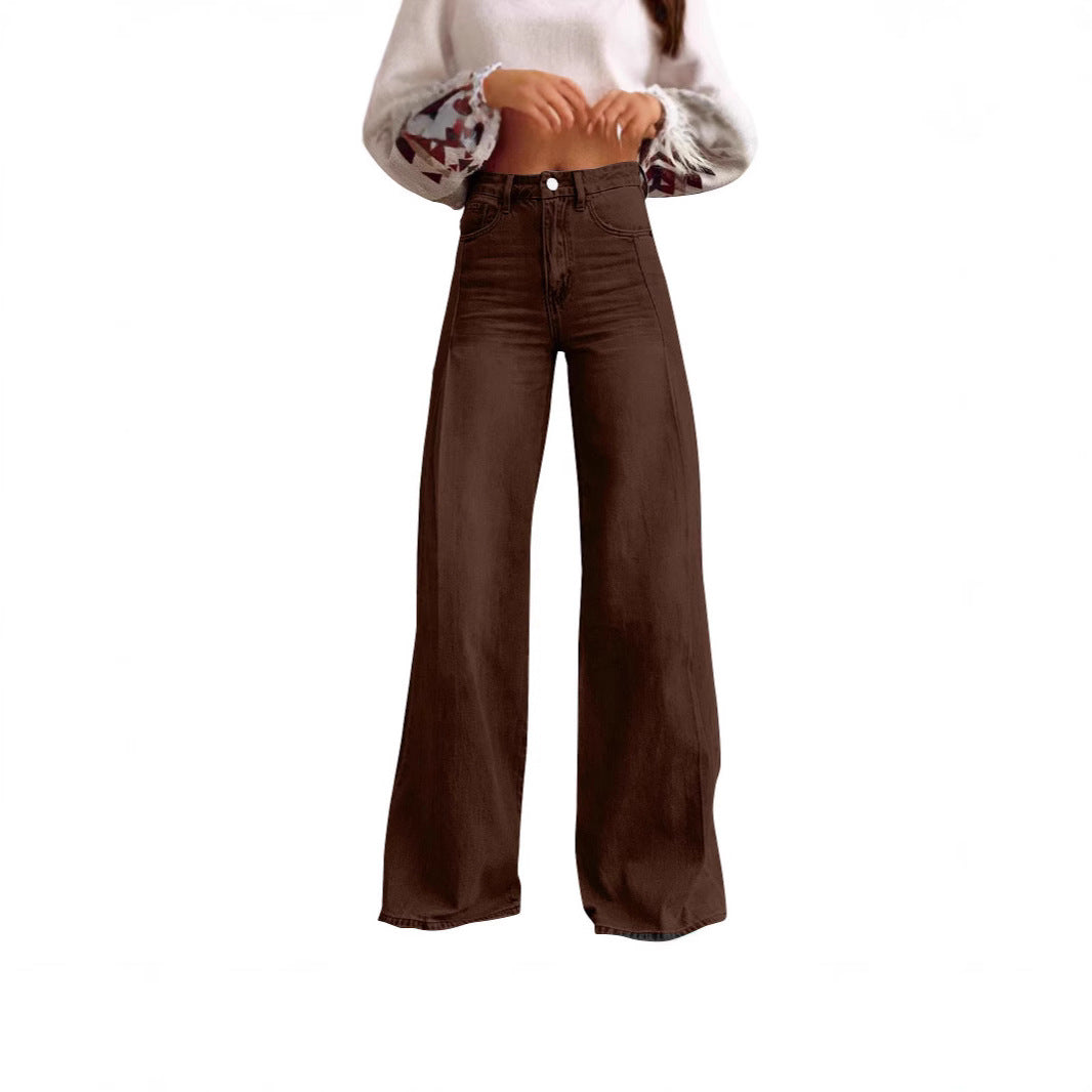 Retro Wide Leg Fashion High Waist Design Mop Denim Trousers Women's Jeans