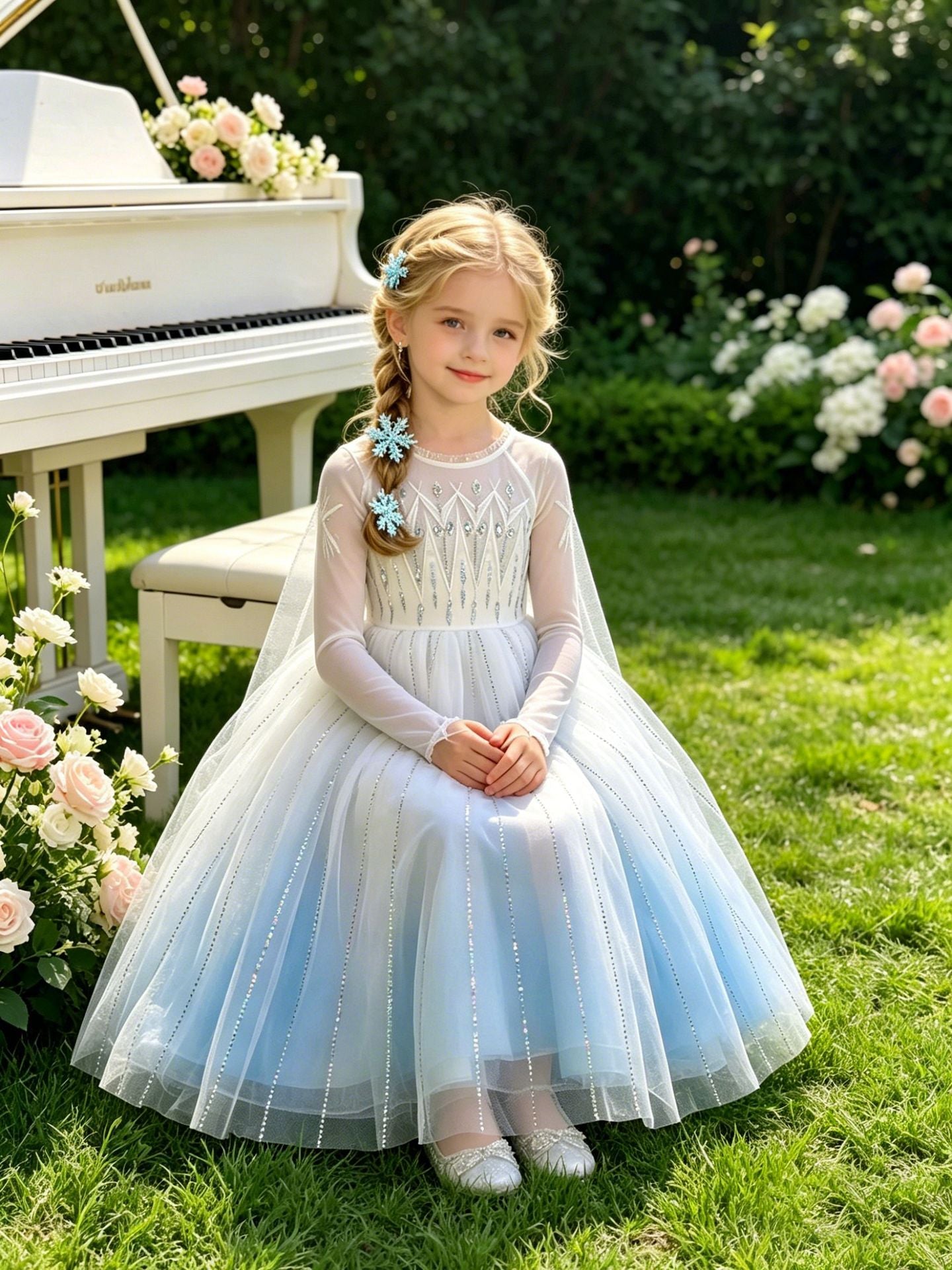 Beads Veil Movie Elsa Style Ice Snow Princess Birthday Piano Children's Dress