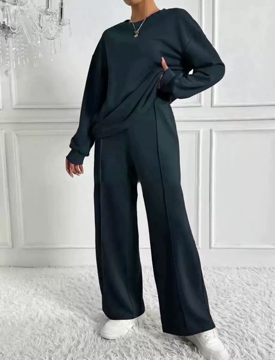 Women's Solid Color Round Neck Long-sleeved Trousers Fashion Casual Suit