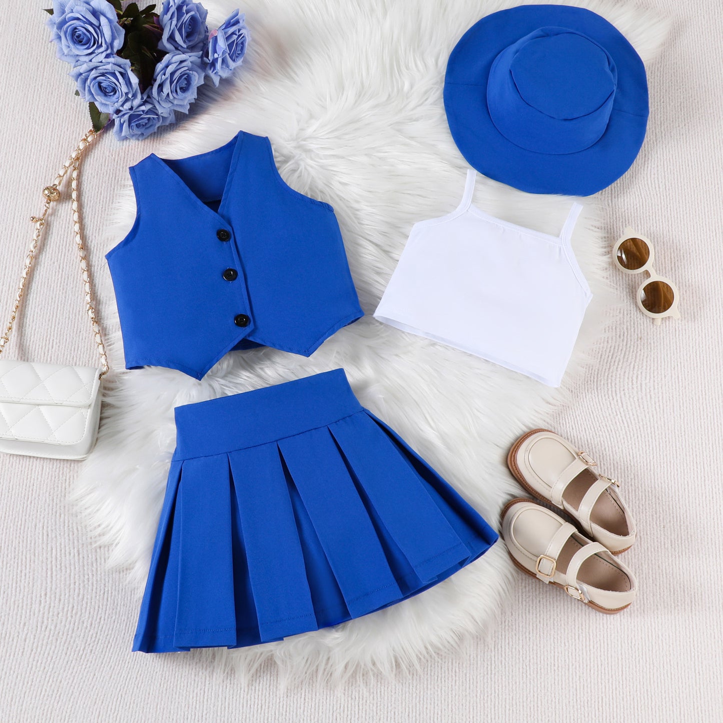 Fashion Single Breasted Vest Camisole Top Pleated Skirt Hat Children's Suit