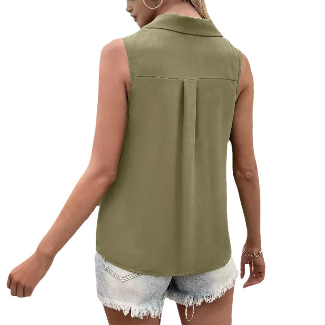Women's Summer Solid Color Loose Sleeveless Button Lace Shirt, Chiffon Shirt