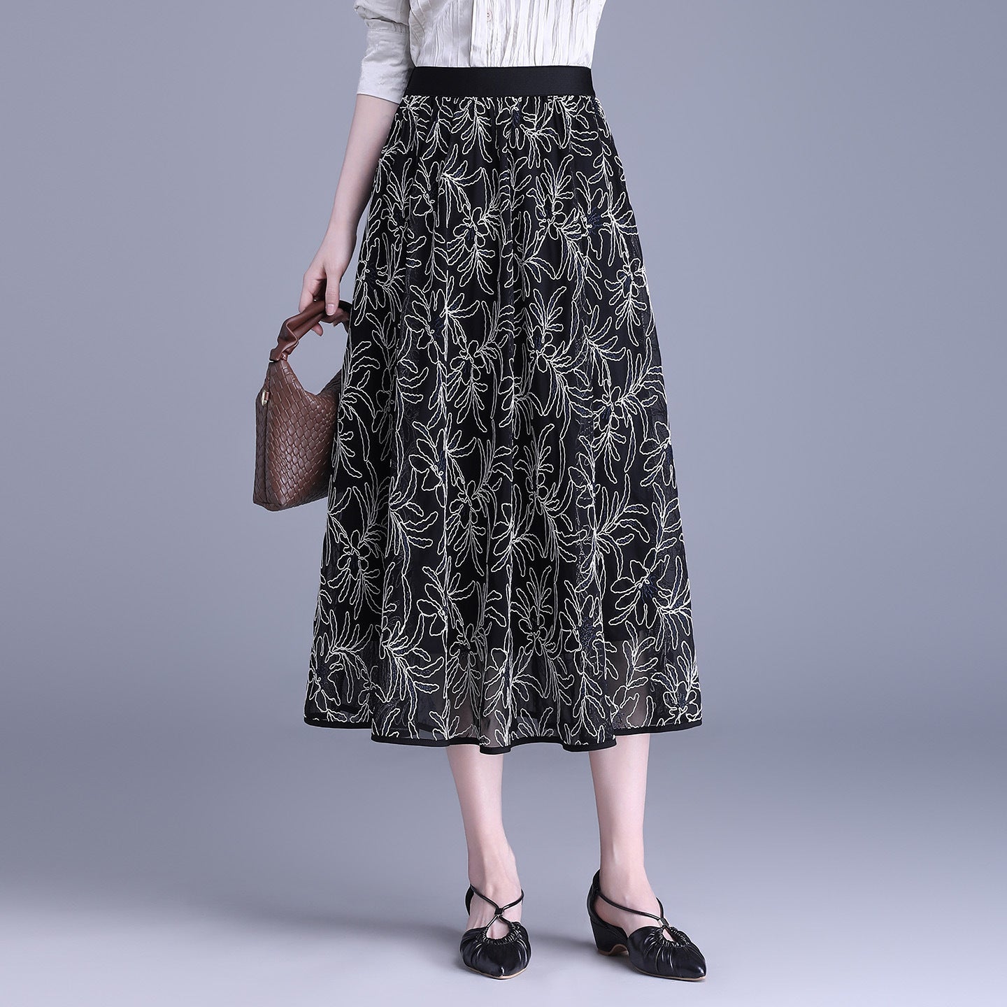 Women's Korean Style Printed Two-sided Wear Mesh Autumn Mid-length High Waist Skirt