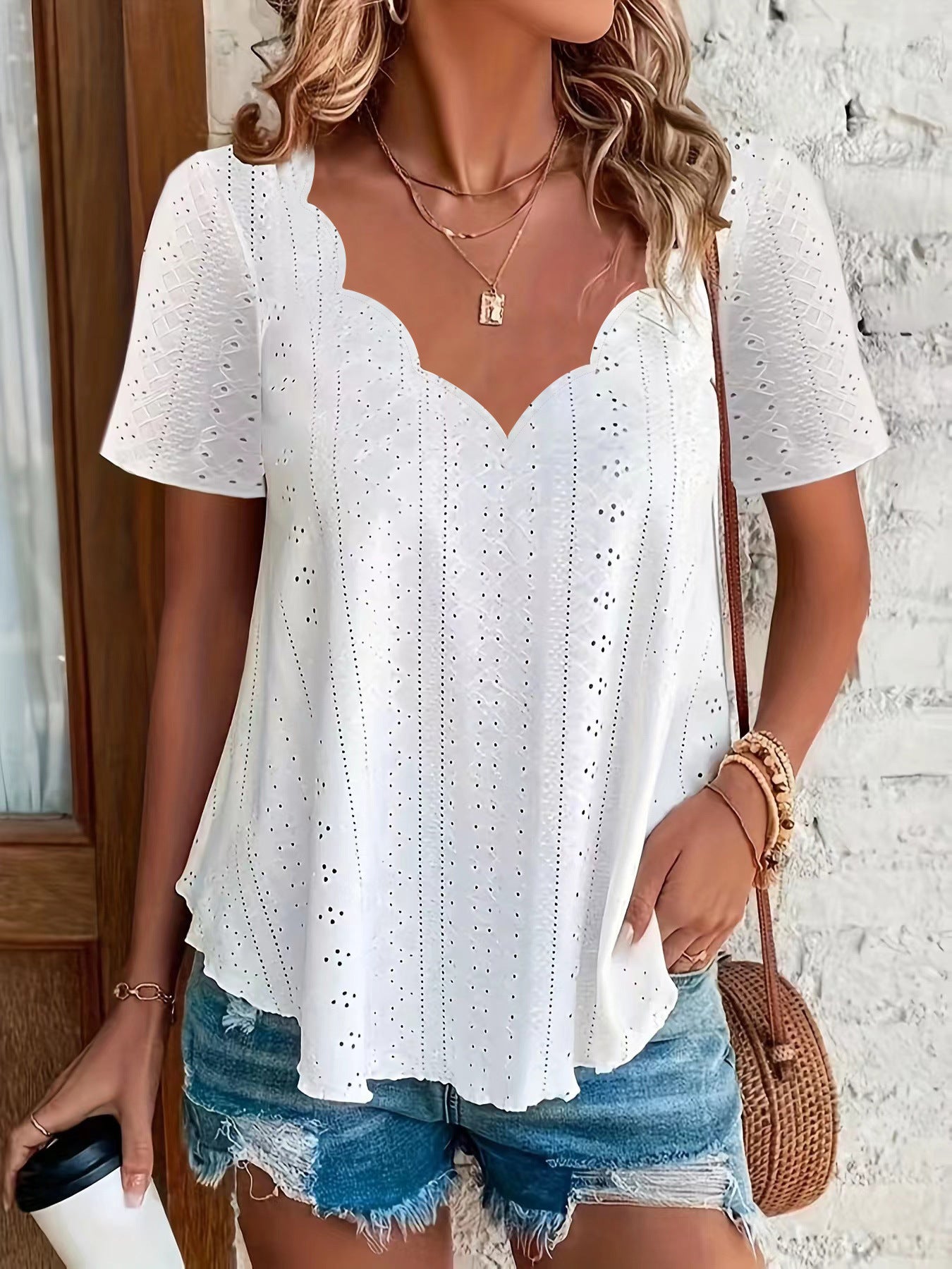 Women's Fashion Summer Casual Solid Color Scallop Women's T-shirt