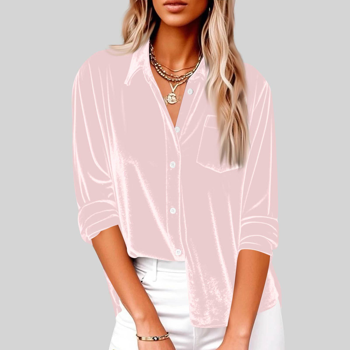 Women's Fashion Casual Long Sleeve Lapel Gold Veet Loose With Blouse