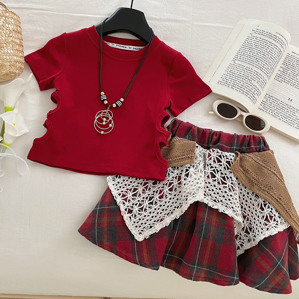 Summer Korean Fashionable Short-sleeved Ripped T-shirt Lace Plaid Skirt Children's Suit